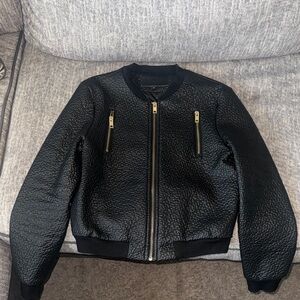 Black Textured Bomber Jacket with Gold Accents